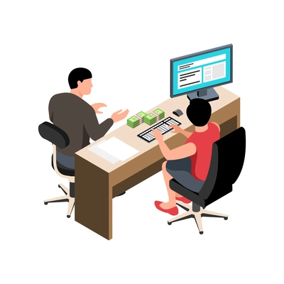 Isometric bank composition with clerk and client sitting at table with money vector illustration