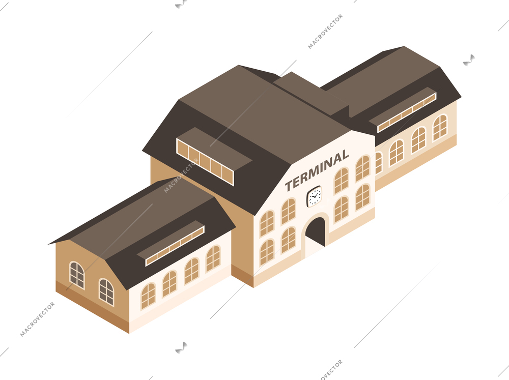 Isometric railway composition with big railway station building isolated image vector illustration