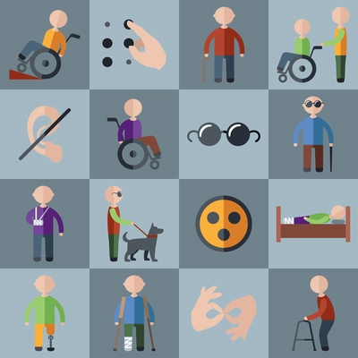 Disabled people care assistance and accessibility icons set isolated vector illustration