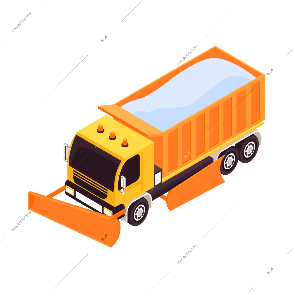 Isometric snowplow vehicle equipment cleaning road composition with isolated image of cleaning truck vector illustration