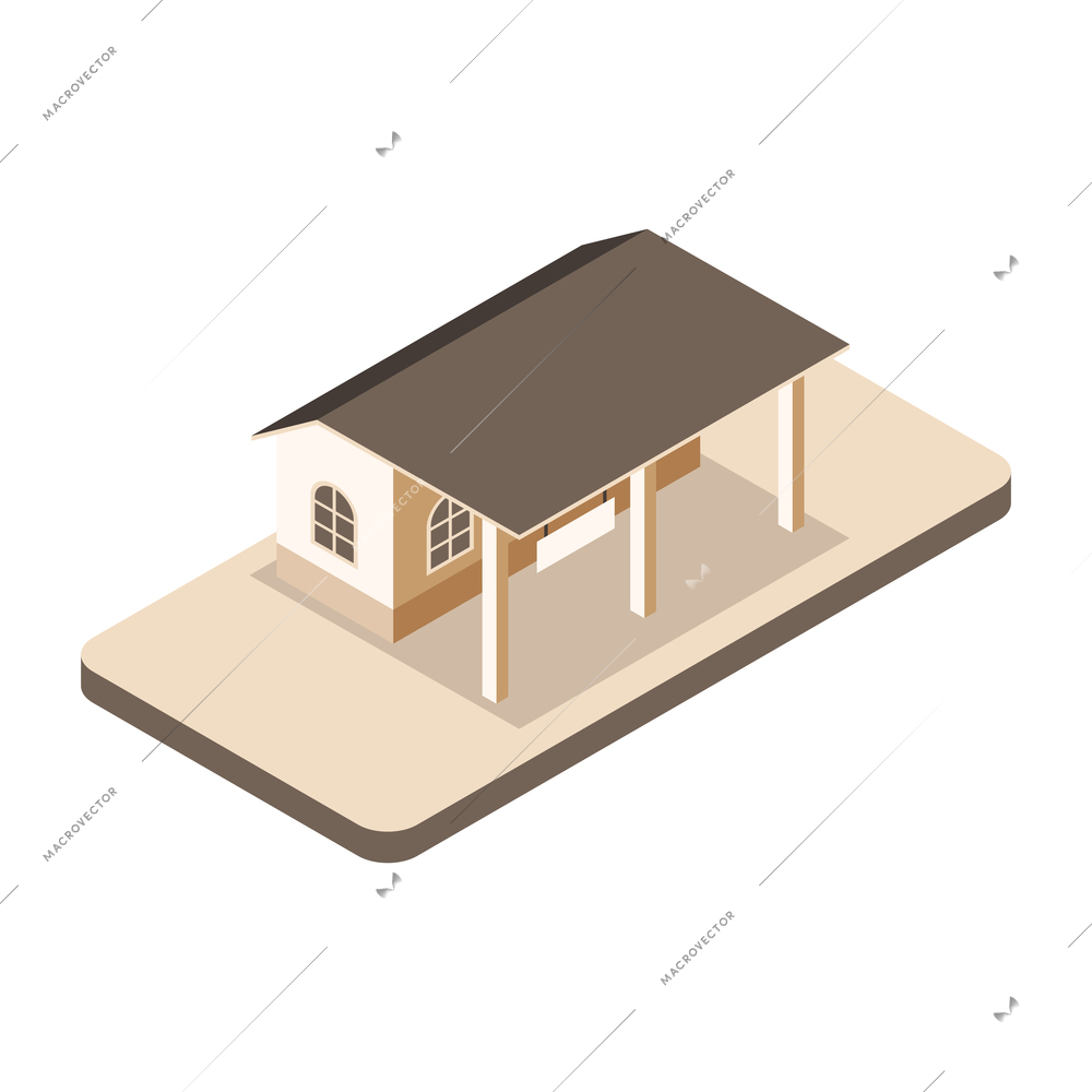 Isometric railway composition with isolated view of small train station building vector illustration