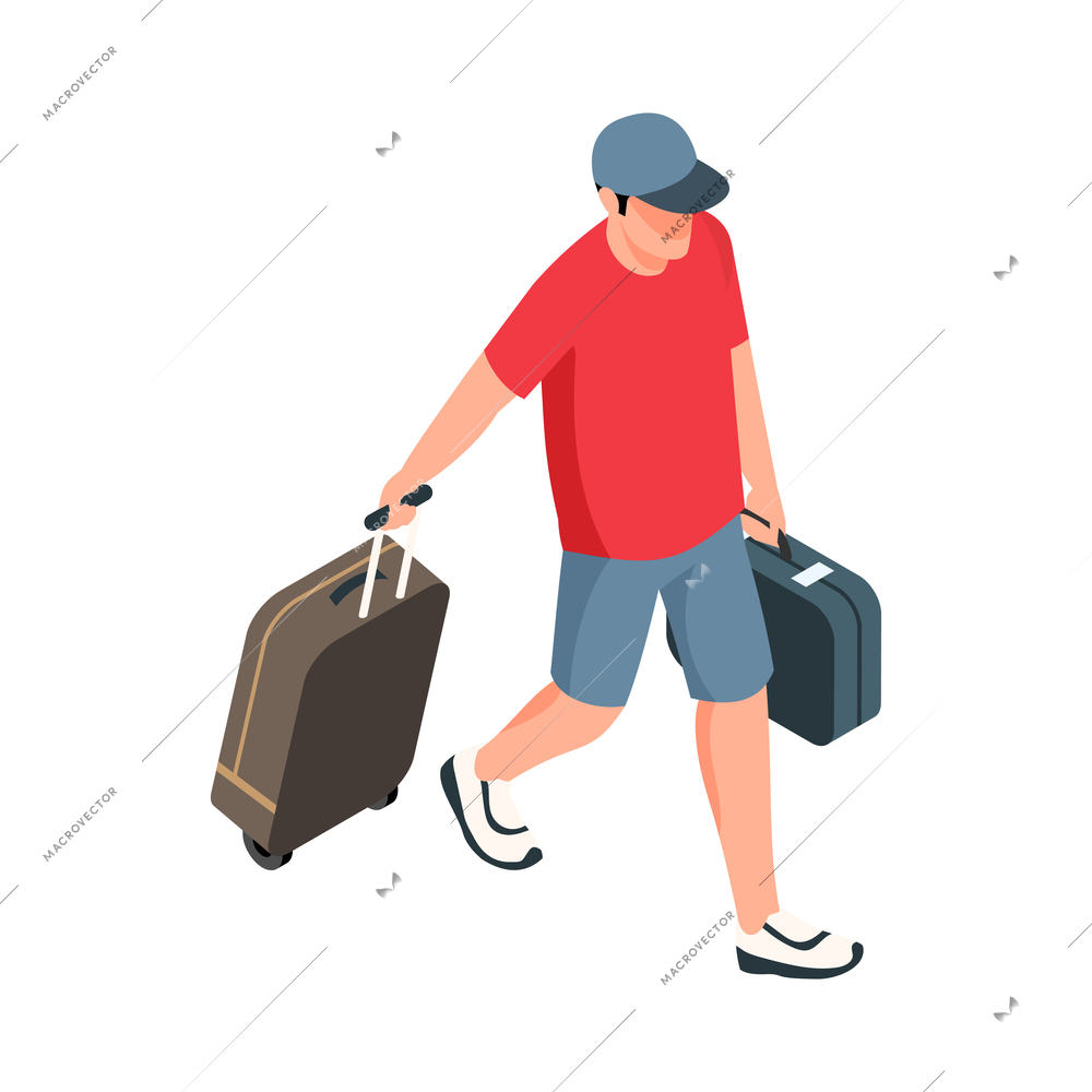 Isometric railway composition with character of young man with two suitcases vector illustration