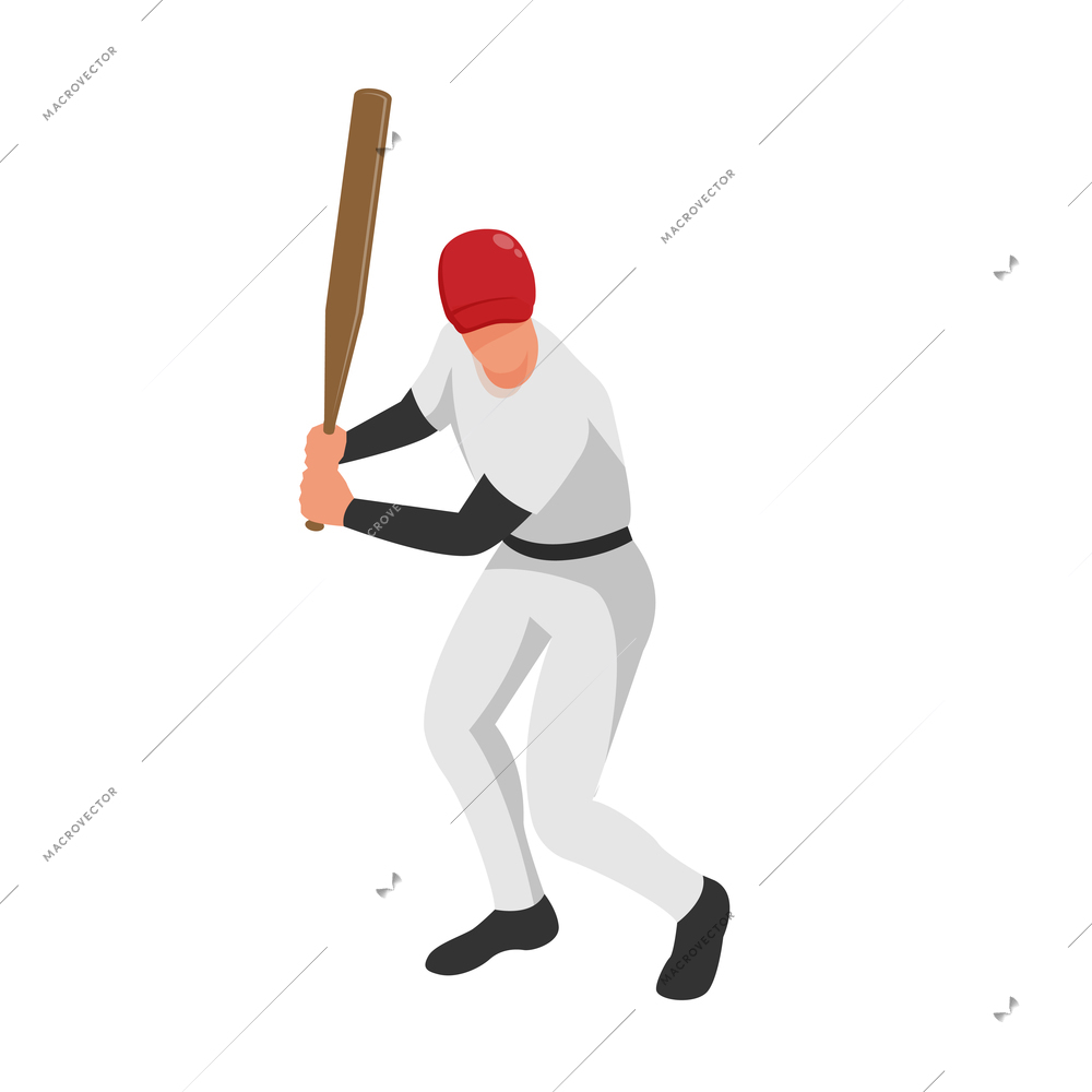 Isometric sport baseball composition with isolated human character of ballplayer on position vector illustration