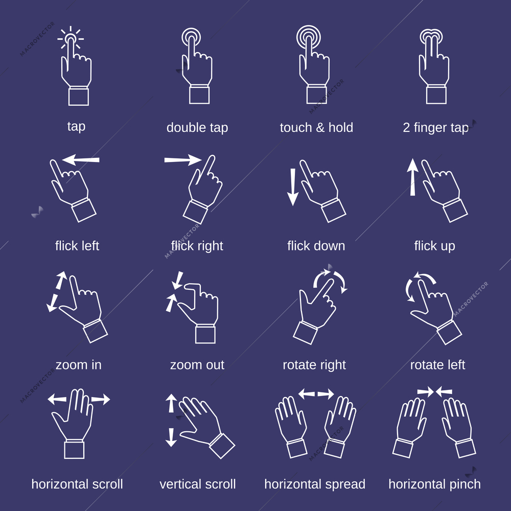 Touch pad screen interface hand gestures outline icons set isolated vector illustration