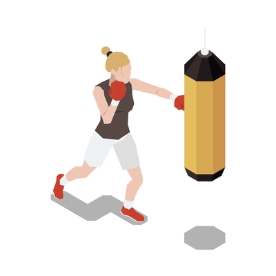 Stress management isometric composition with character of woman boxing with punching bag vector illustration
