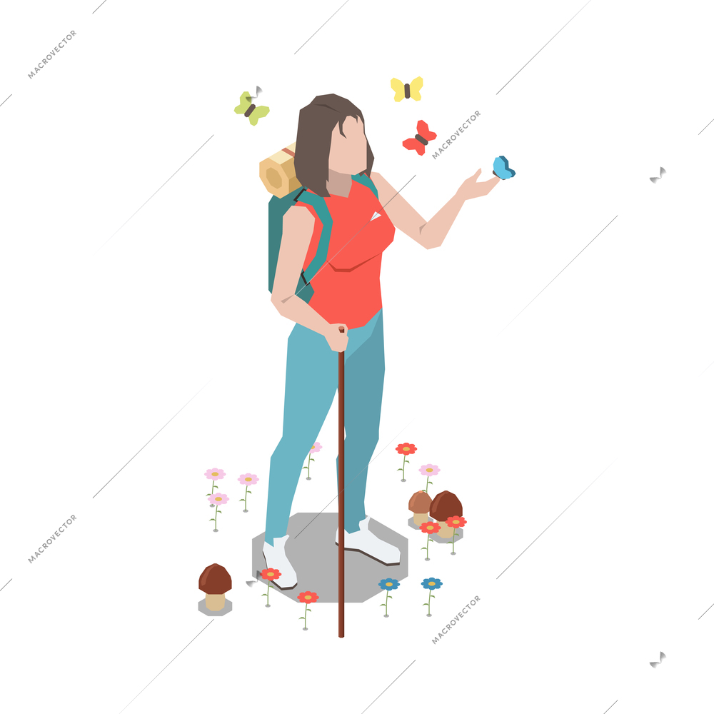 Stress management isometric composition with female character watching flowers mushrooms catching butterflies vector illustration