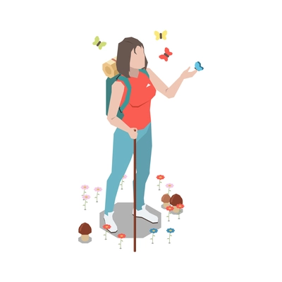 Stress management isometric composition with female character watching flowers mushrooms catching butterflies vector illustration