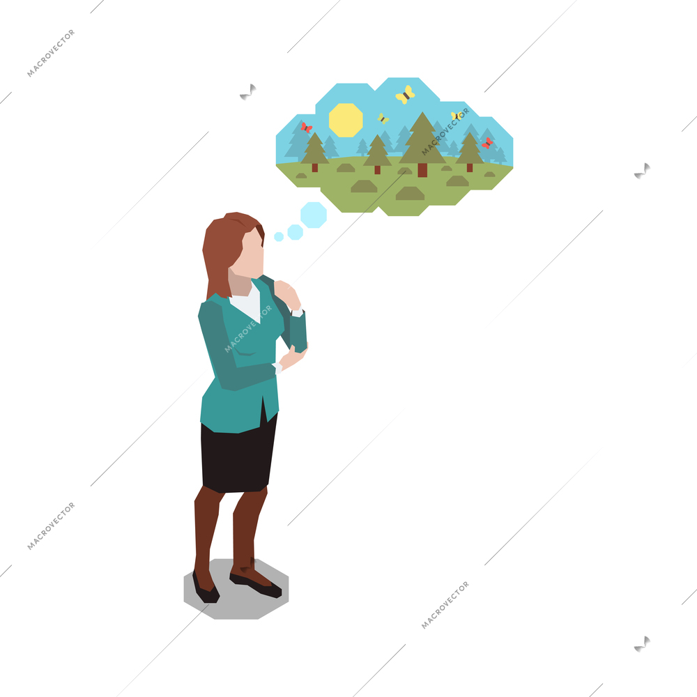Stress management isometric composition with female clerk dreaming of wild forest scenery vector illustration