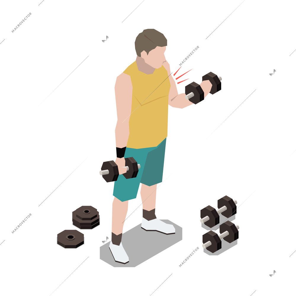 Stress management isometric composition with human character holding barbells vector illustration