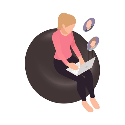 Online virtual team building isometric composition with woman in soft chair with coworker avatars in laptop vector illustration