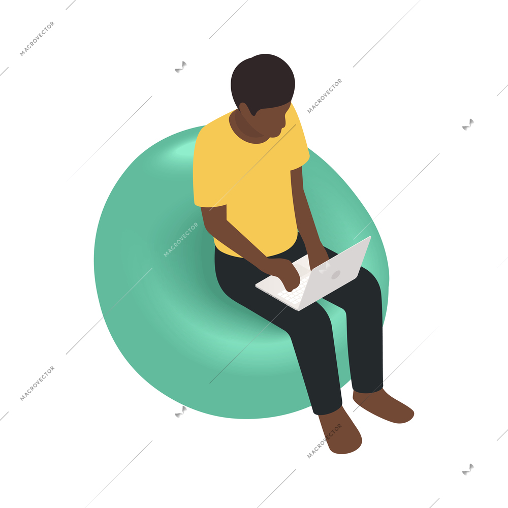 Online virtual team building isometric composition with african american person with laptop on soft chair vector illustration