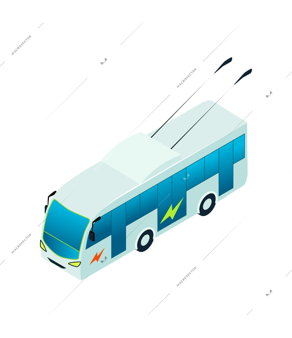 Isometric electric transport ecology friendly vehicle composition with isolated image of trolleybus vector illustration