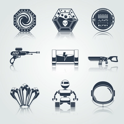 Space computer game play menu buttons black icons set isolated vector illustration