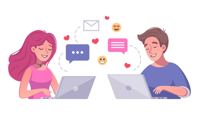 Virtual relationships online dating cartoon composition with characters of girl and boy chatting in laptops vector illustration