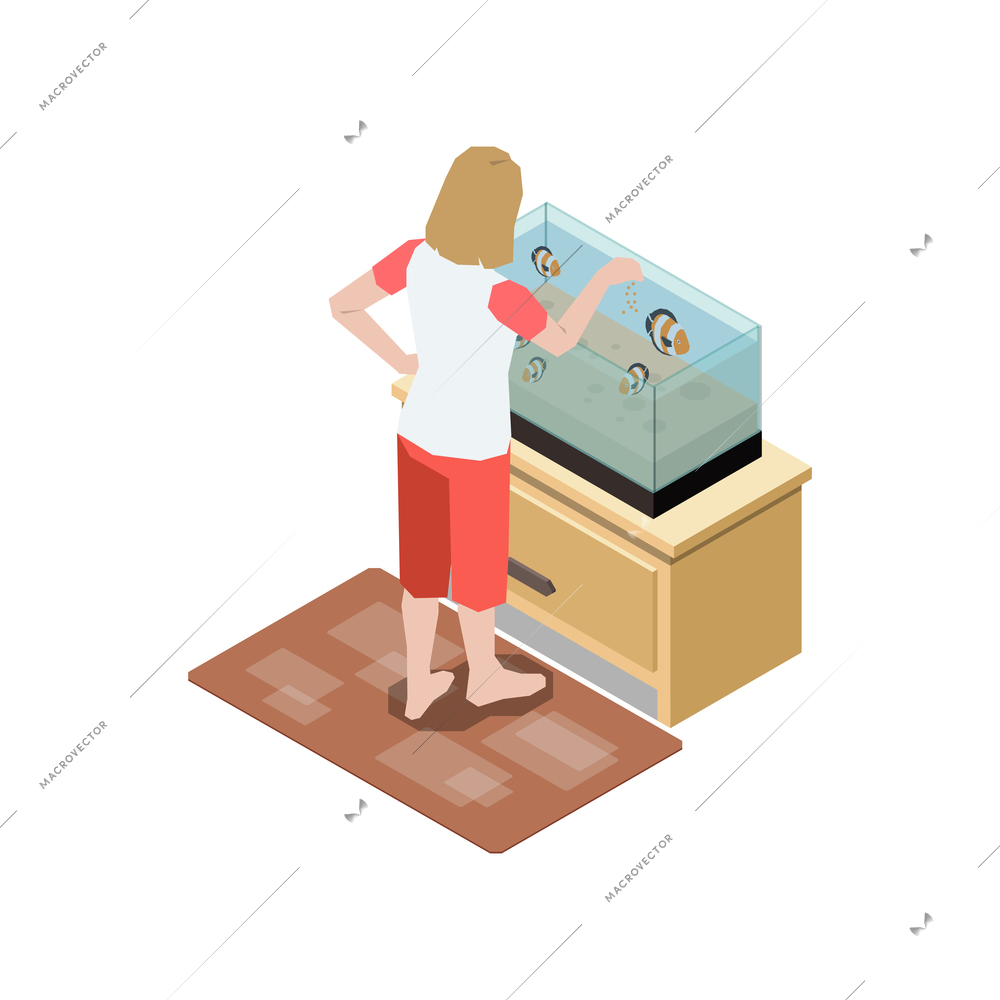 Stay at home isometric composition with view of woman feeding fishes in aquarium vector illustration