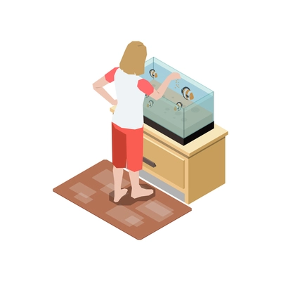 Stay at home isometric composition with view of woman feeding fishes in aquarium vector illustration