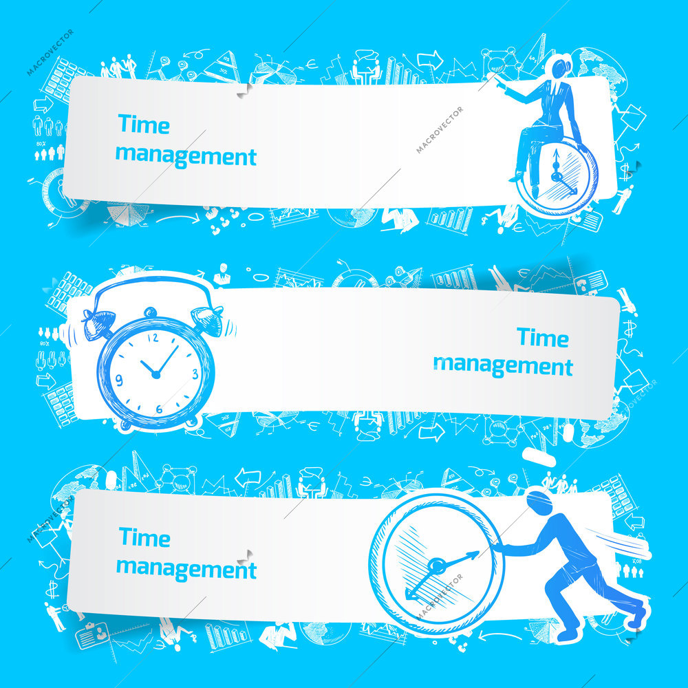 Time management set banners sketch with business people and alarm clocks isolated vector illustration