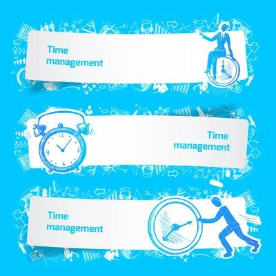 Time management set banners sketch with business people and alarm clocks isolated vector illustration