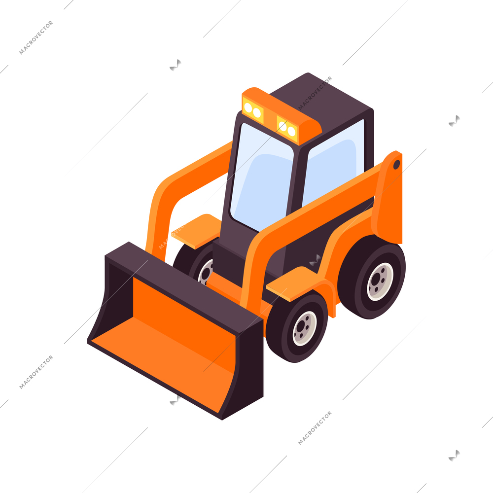 Isometric snowplow vehicle equipment cleaning road composition with isolated image of bulldozer excavator vector illustration