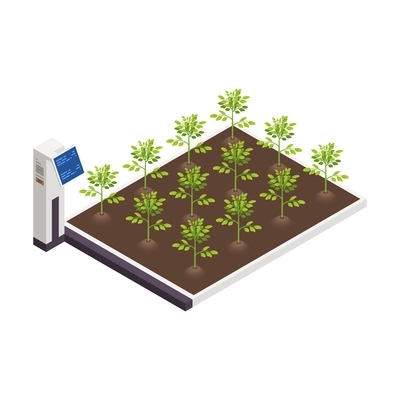 Space colonization terraforming isometric composition with view of plantation with plants and electronic monitor vector illustration