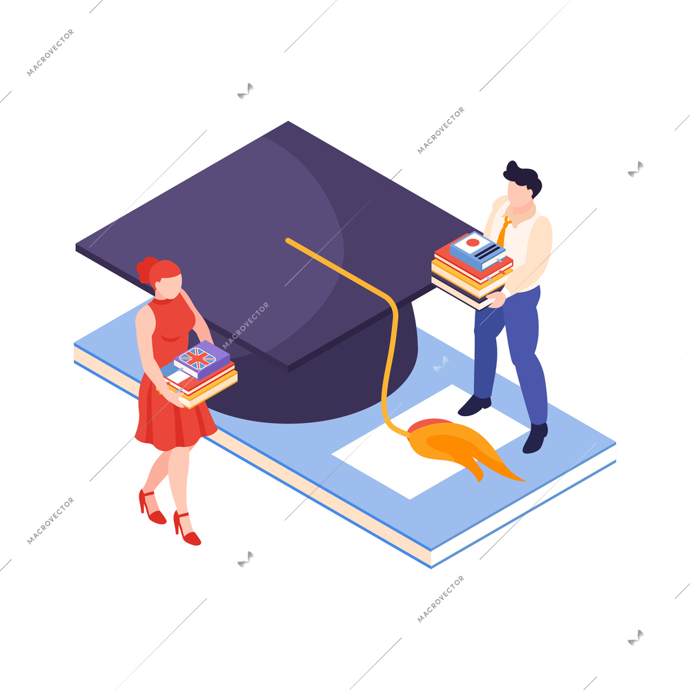 Isometric language center courses composition with male and female characters carrying books and academic hat icon vector illustration