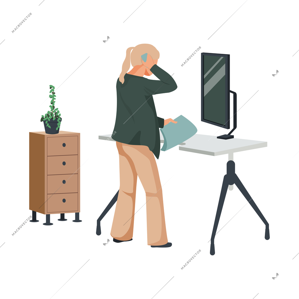 Contemporary workspace flat composition with view of computer table cabinet with home plant and woman vector illustration