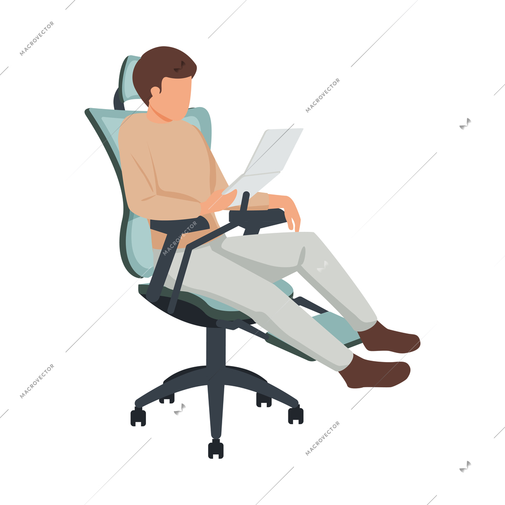 Contemporary workspace flat composition with rolling chair with sitting person reading paper vector illustration