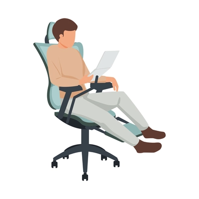 Contemporary workspace flat composition with rolling chair with sitting person reading paper vector illustration