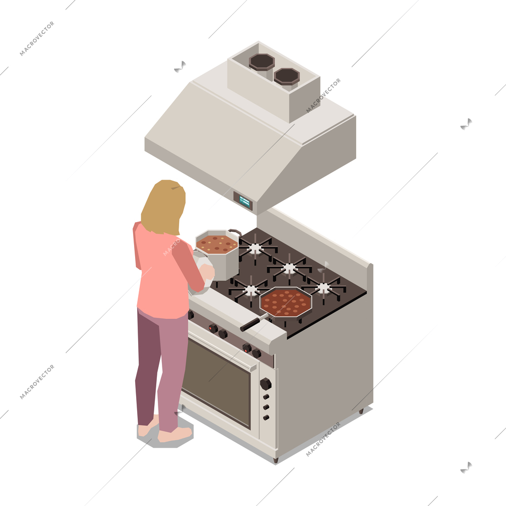 Stay at home isometric composition with character of woman cooking dishes on kitchen range vector illustration