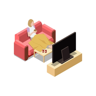 Stay at home isometric composition with woman sitting on sofa watching tv vector illustration