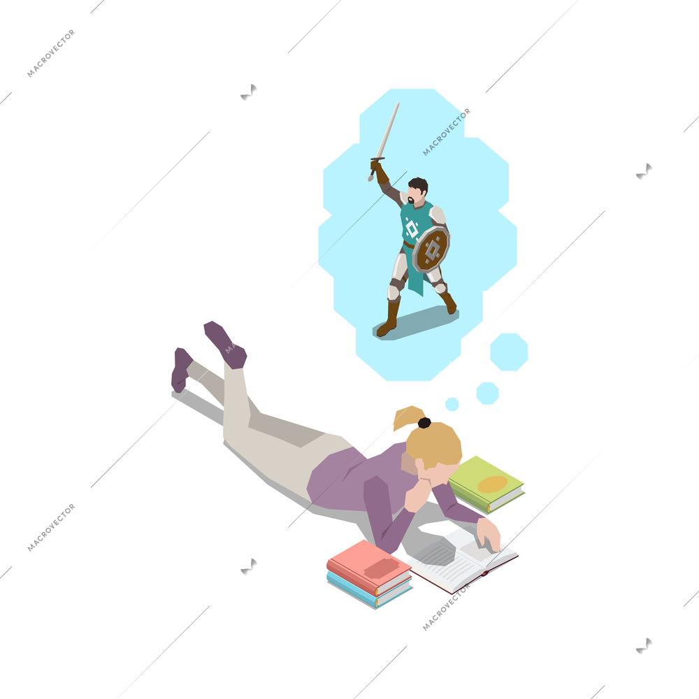 Stress management isometric composition with lying girl reading book thinking of medieval warrior vector illustration