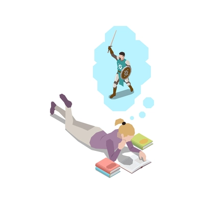 Stress management isometric composition with lying girl reading book thinking of medieval warrior vector illustration