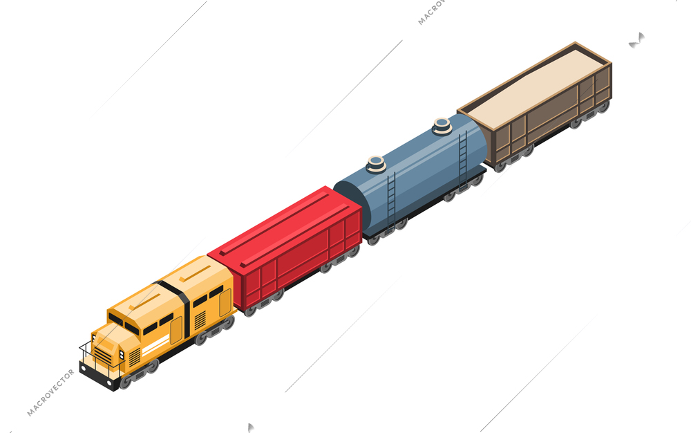 Isometric railway composition with isolated image of freight train vector illustration