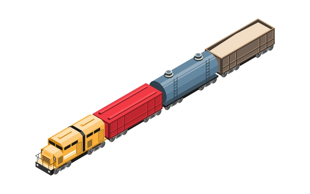 Isometric railway composition with isolated image of freight train vector illustration