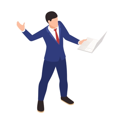 Online virtual team building isometric composition with man in smart suit holding laptop explaining business idea vector illustration