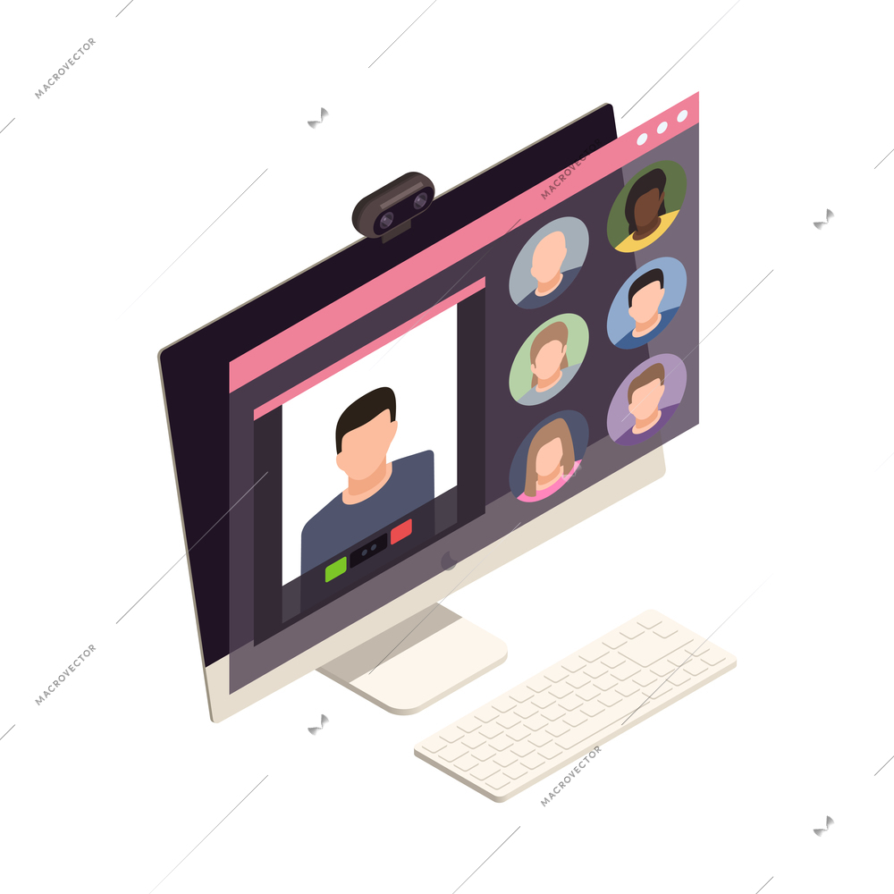 Online virtual team building isometric composition with image of computer with camera and online meeting app vector illustration