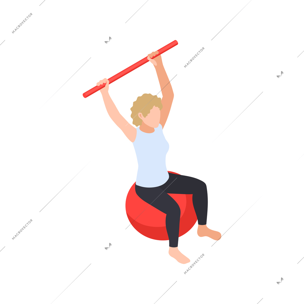 Physiotherapy rehabilitation isometric composition with female character doing exercises on rubber ball vector illustration