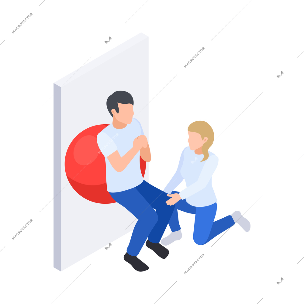 Physiotherapy rehabilitation isometric composition with man doing crouch exercise with ball behind his back vector illustration
