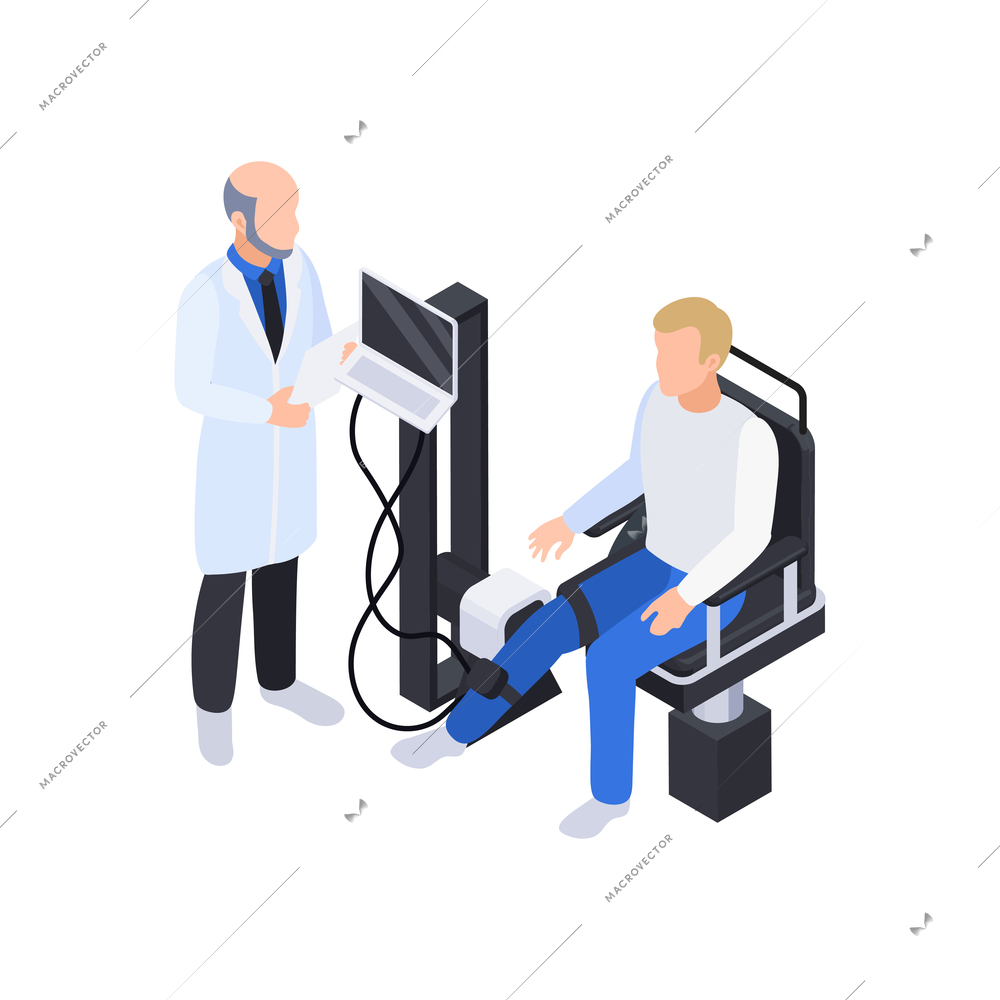 Physiotherapy rehabilitation isometric composition with doctor examining patients leg on electronic apparatus vector illustration