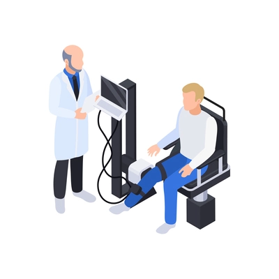 Physiotherapy rehabilitation isometric composition with doctor examining patients leg on electronic apparatus vector illustration