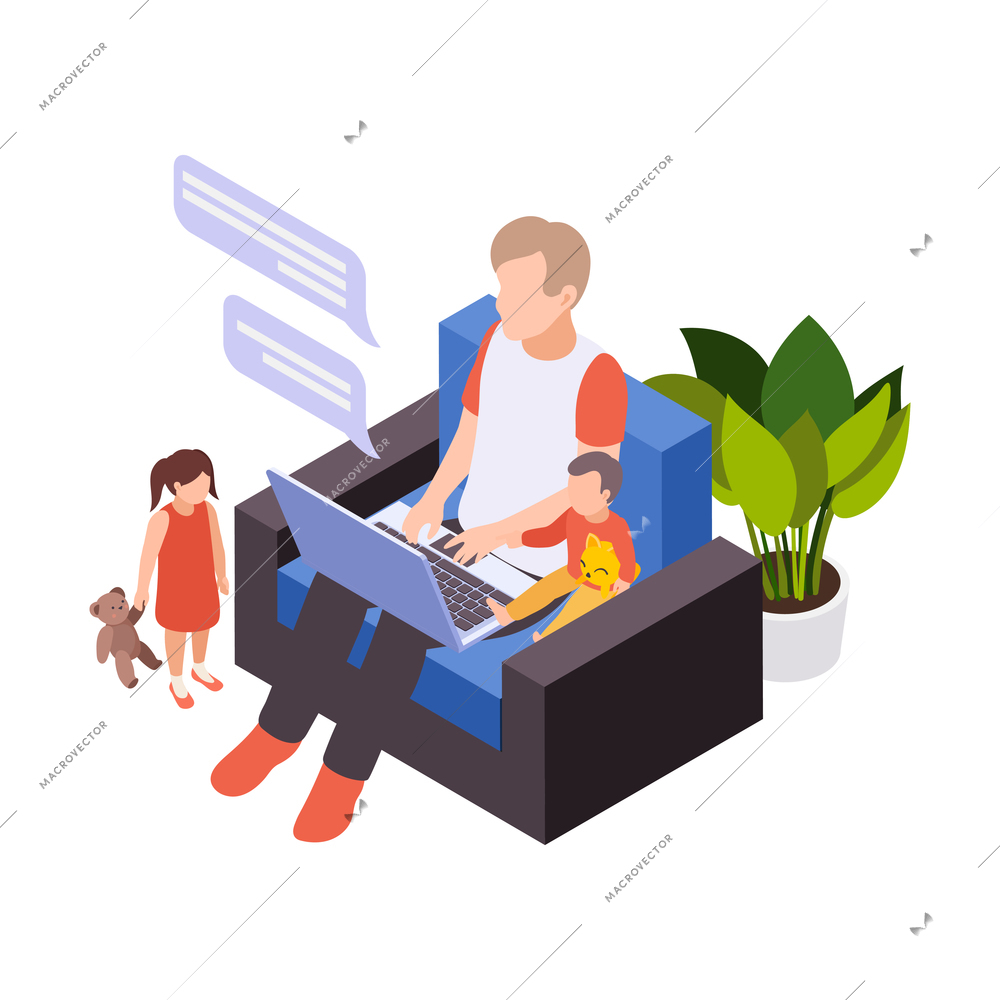 Remote distant work from home isometric composition with man sitting in chair with laptop surrounded by playing children vector illustration