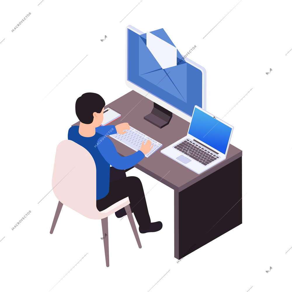 Remote distant work from home isometric composition with man sitting at table in domestic workspace vector illustration