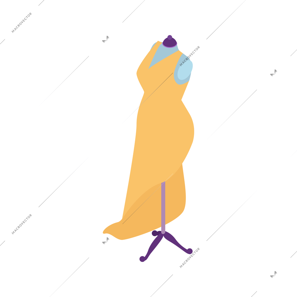 Isometric sewing workshop studio composition with image of yellow female dress on mannequin vector illustration