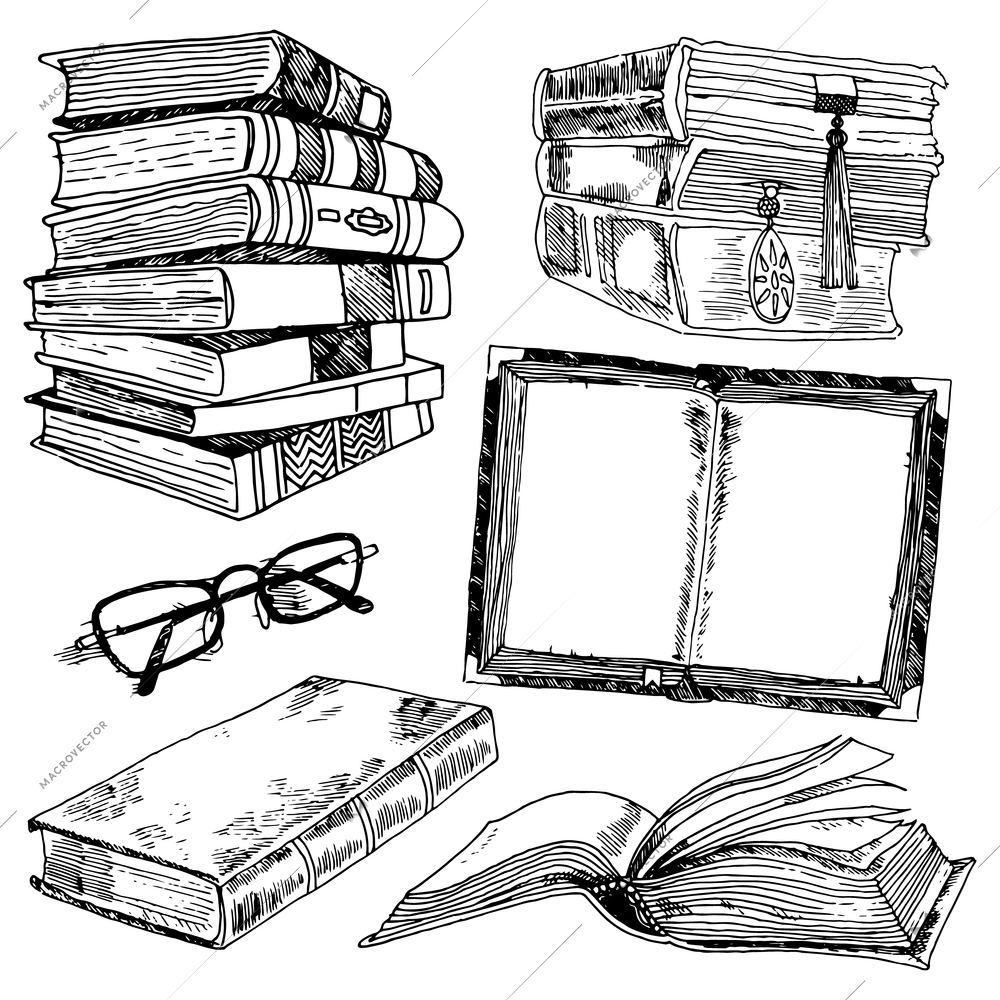 Book and glasses library collection black sketch decorative icons set isolated vector illustration