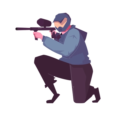 Leisure man flat composition with isolated male character of paintball player wearing professional equipment vector illustration