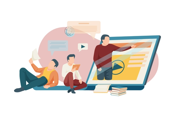 Modern students flat composition with group of young persons surrounded by messaging bubbles and laptop vector illustration