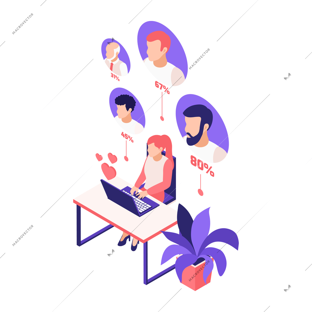 Virtual relationships online dating isometric composition with girl sitting at table with laptop and potential partners avatars with percentage vector illustration