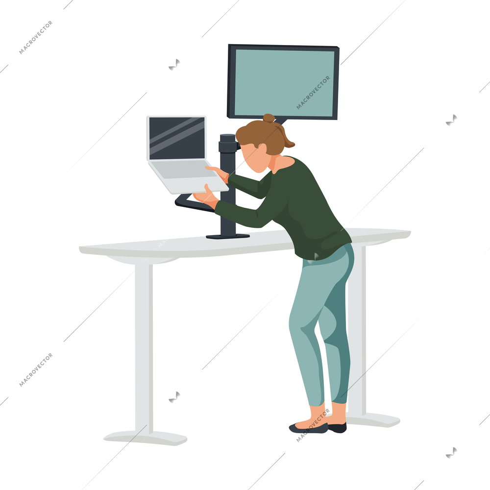 Contemporary workspace flat composition with tall table with computers and standing woman vector illustration