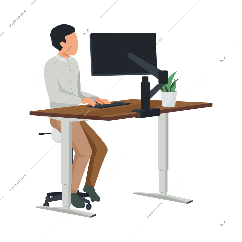 Contemporary workspace flat composition with character of man sitting at tall computer table vector illustration