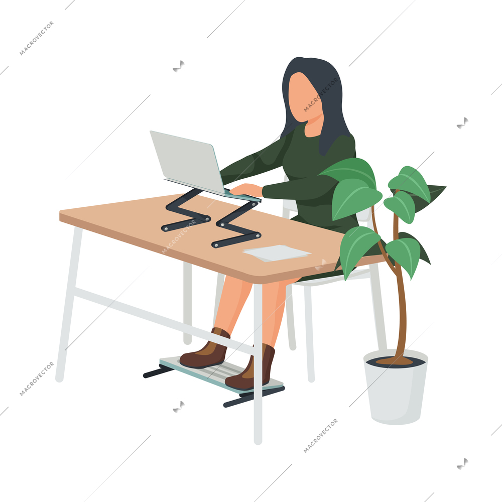 Contemporary workspace flat composition with woman sitting at desk with foldable stand for laptop and legs vector illustration